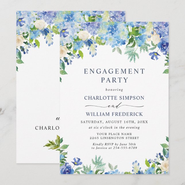 Invitación Elegante PARTIDO DE COMPROMISO floral Hydrangea az (Anverso / Reverso)