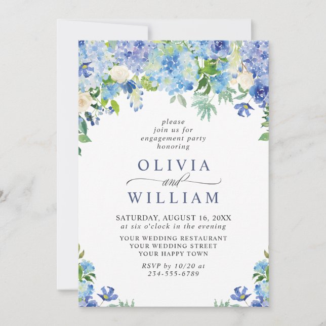 Invitación Elegante PARTIDO DE COMPROMISO floral Hydrangea az (Anverso)