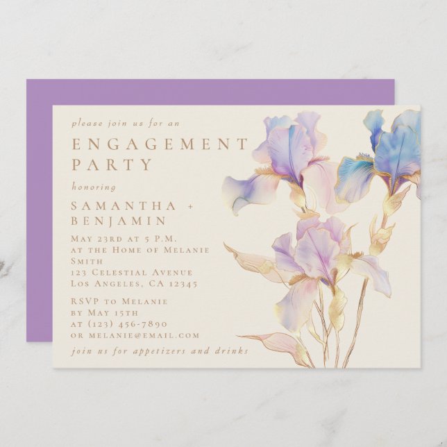 Invitación Elegante Partido de Compromiso Floral Iris (Anverso / Reverso)