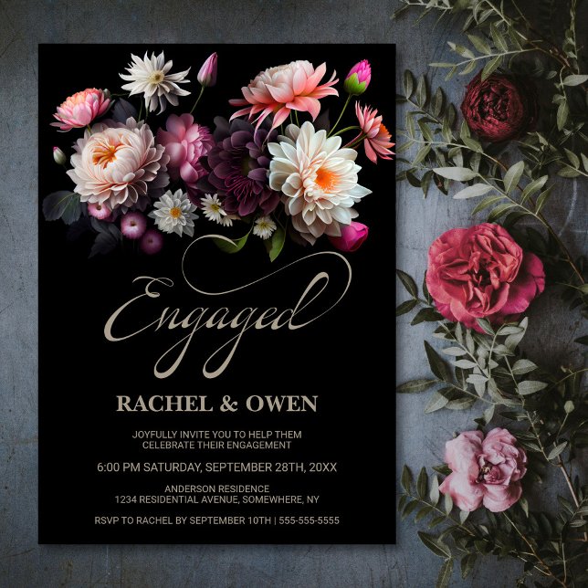 Invitación Elegante partido de compromiso floral negro (Subido por el creador)