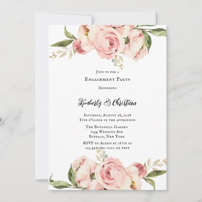 Invitación Elegante Partido de Compromiso Floral Peony Rosa (Anverso)