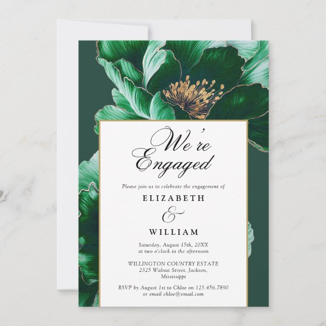 Invitación Elegante partido de compromiso floral verde esmera (Anverso)