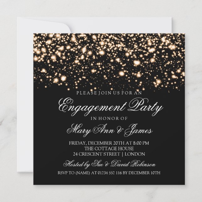Invitación Elegante Partido de Compromiso Gold Midnight Glam (Anverso)