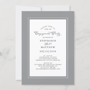 Invitación Elegante Partido de Compromiso Gris y Boda Blanco