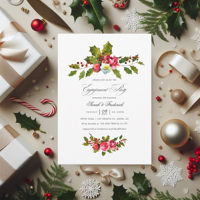 Invitación Elegante partido de compromiso Holly y Navidades d (Christmas Engagement Party Holly and Ivy Invite)