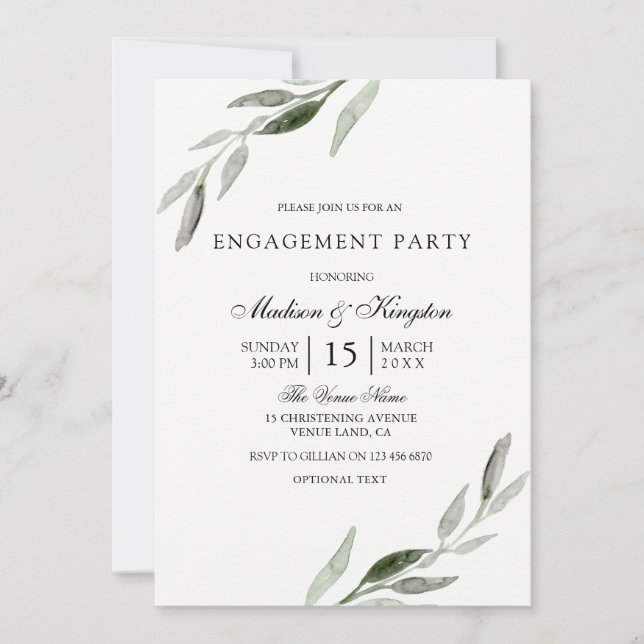 Invitación Elegante Partido de Compromiso Moderno de Hoja Ver (Anverso)
