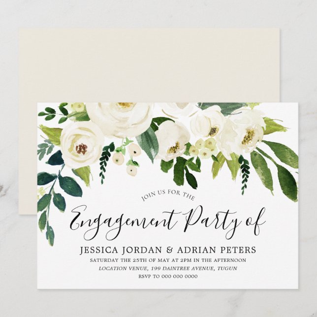 Invitación Elegante Partido de Compromiso Moderno de Rosas Bl (Anverso / Reverso)