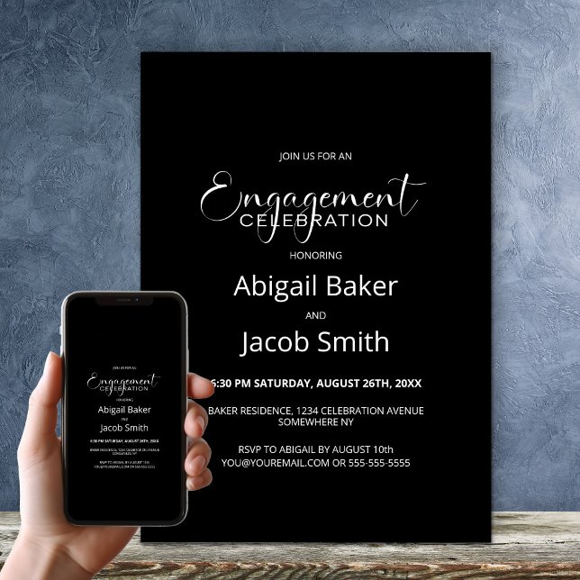 Invitación Elegante Partido de Compromiso Negro (Subido por el creador)