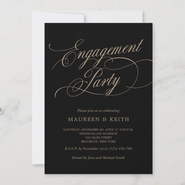 Invitación Elegante partido de compromiso negro y oro (Anverso)