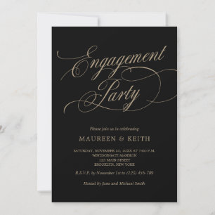 Invitación Elegante partido de compromiso negro y oro