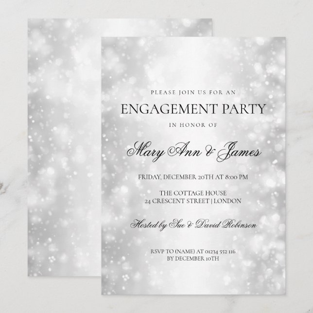 Invitación Elegante Partido de Compromiso Plata Luces de vera (Anverso / Reverso)