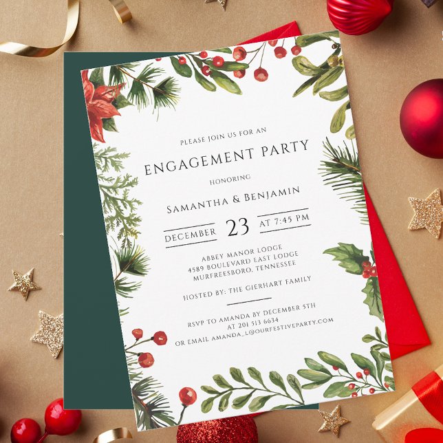 Invitación Elegante Partido de Compromiso Rojo Berries (Botanical Watercolor Red Berries Christmas Party Invitation)