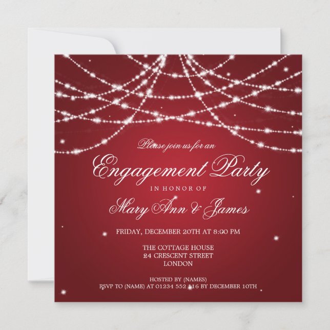 Invitación Elegante Partido de Compromiso Sparkling String Re (Anverso)