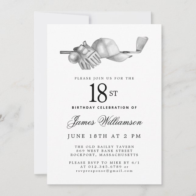 Invitación Elegante partido de cumpleaños 18 del Golf Blanco  (Anverso)