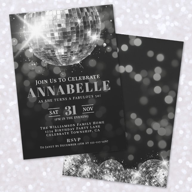 Invitación Elegante partido de cumpleaños 50 del blanco negro (Elegant Black White 50th Birthday Party Invitation)