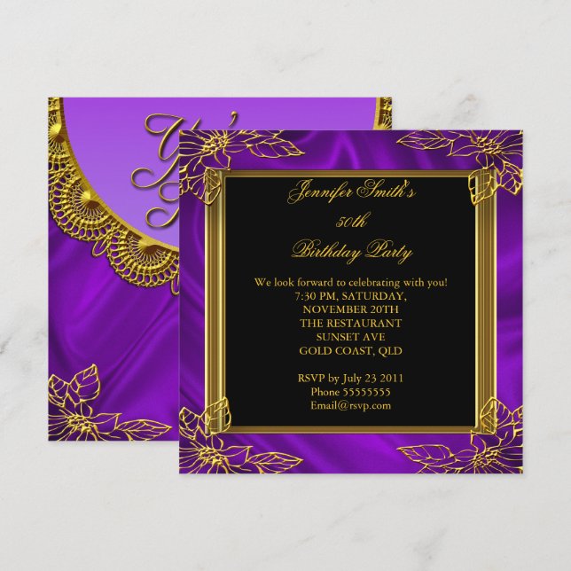 Invitación Elegante partido de cumpleaños Black Purple Gold (Anverso / Reverso)