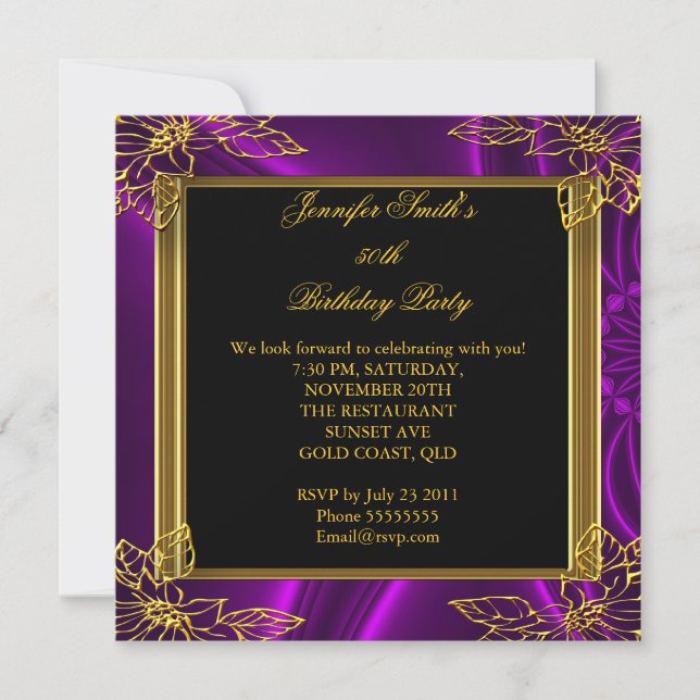 Invitación Elegante partido de cumpleaños Black Purple Gold (Anverso)