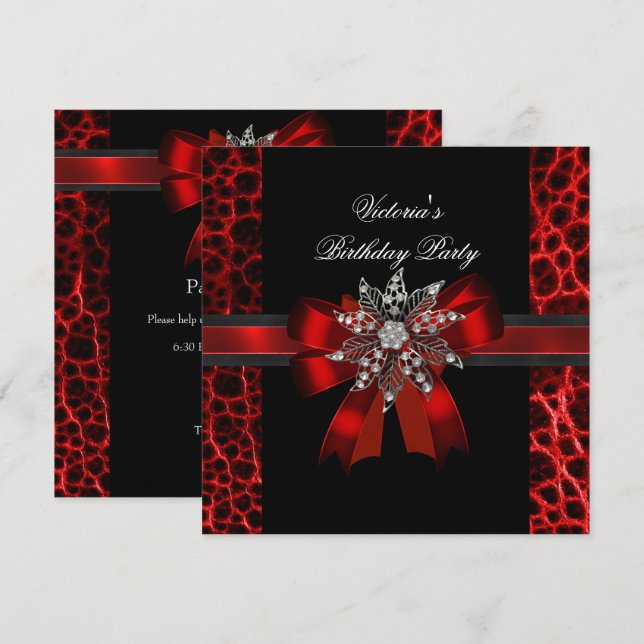 Invitación Elegante partido de cumpleaños Black Red Bow Jewel (Anverso / Reverso)