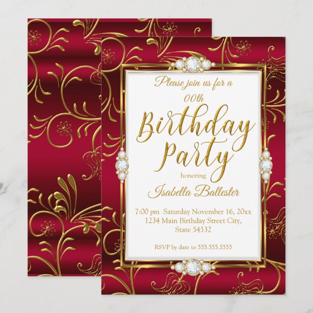 Invitación Elegante Partido de Cumpleaños Borgoña Red Gold Di (Anverso / Reverso)