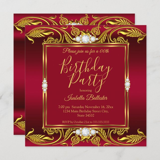Invitación Elegante Partido de Cumpleaños Borgoña Red Gold Je (Anverso / Reverso)