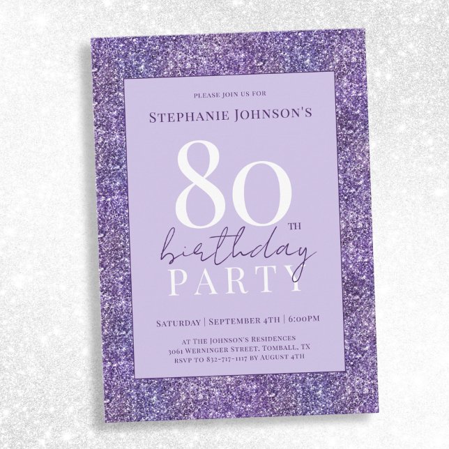 Invitación Elegante Partido de Cumpleaños del Purpurina Púrpu (Elegant Purple Glitter 80th Birthday Party Invitation)