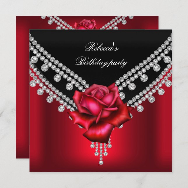 Invitación Elegante partido de cumpleaños Diamante Rosa Roja  (Anverso / Reverso)