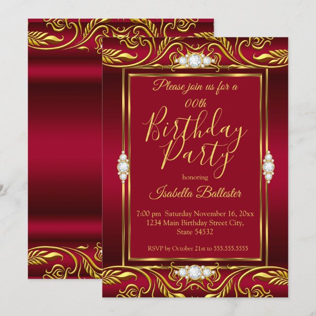 Invitación Elegante Partido de Cumpleaños Joyas de Oro Rojas  (Anverso / Reverso)