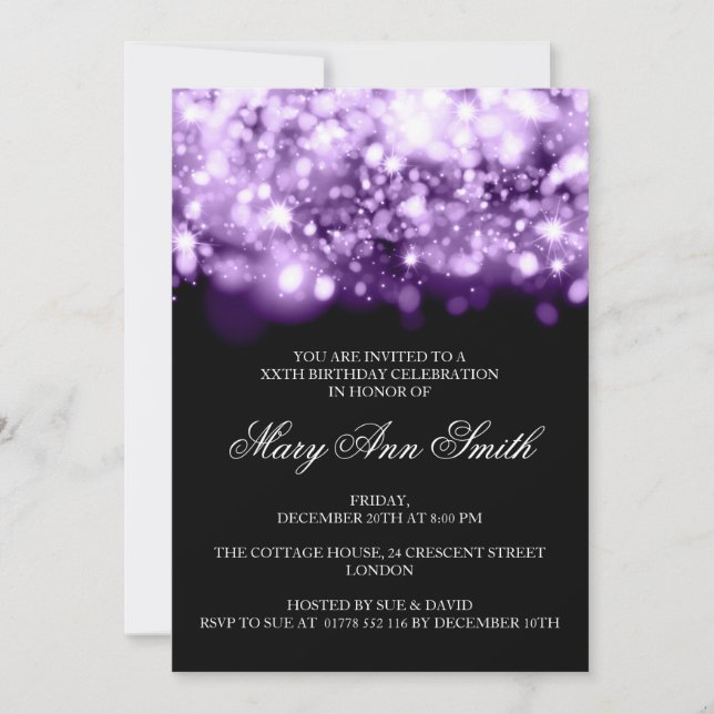 Invitación Elegante partido de cumpleaños luces moradas brill (Anverso)