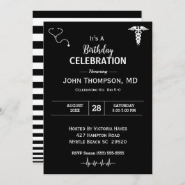 Invitación Elegante partido de cumpleaños Médica negro y blan