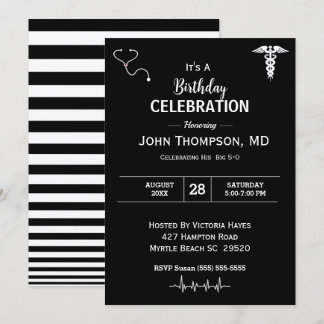 Invitación Elegante partido de cumpleaños Médica negro y blan