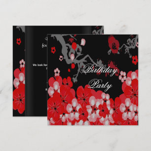 Invitación Elegante Partido de Cumpleaños Negro Rojo Flor Asi