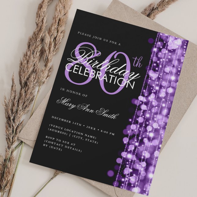 Invitación Elegante partido de cumpleaños número 80 Glam Spar (Elegant 80th Birthday Party Glam Sparkle Purple Invitation)