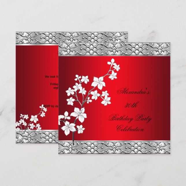 Invitación Elegante Partido de Cumpleaños Plata Asiática Flor (Anverso / Reverso)