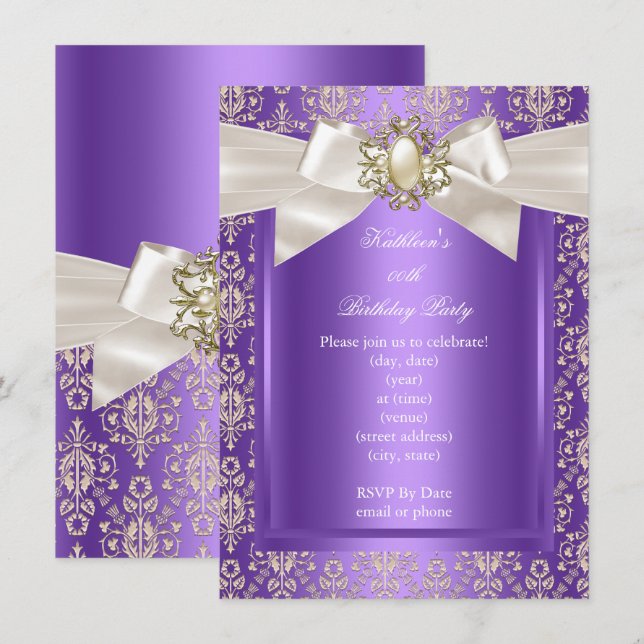 Invitación Elegante partido de cumpleaños Purple Damask Pearl (Anverso / Reverso)