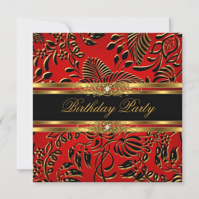 Invitación Elegante Partido de Cumpleaños Red Black Gold Dama (Anverso)