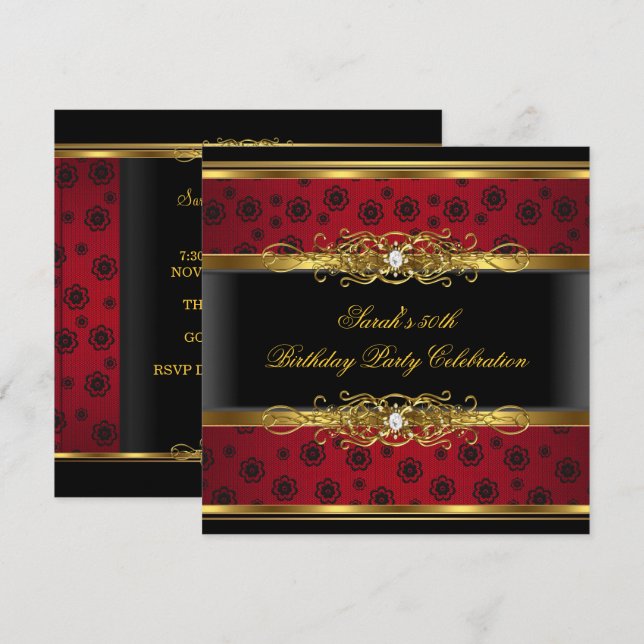Invitación Elegante partido de cumpleaños Red Black Gold Lace (Anverso / Reverso)