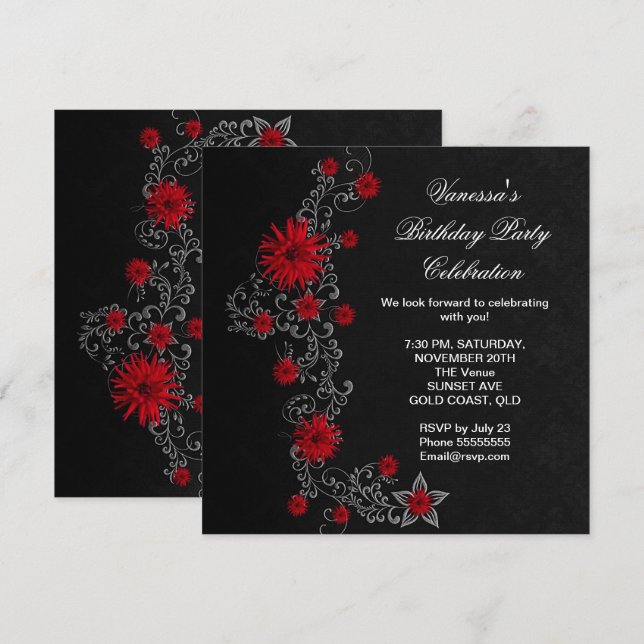 Invitación Elegante Partido de Cumpleaños Red Black Silver Fl (Anverso / Reverso)