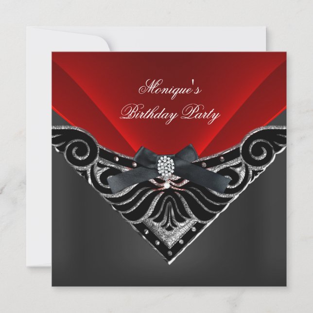 Invitación Elegante Partido de Cumpleaños Red Silver Diamante (Anverso)