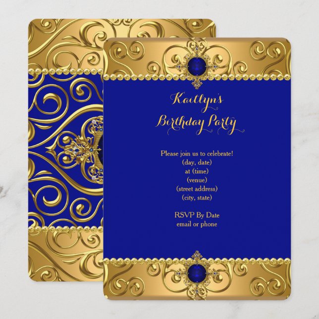 Invitación Elegante partido de cumpleaños Royal Blue Damask G (Anverso / Reverso)