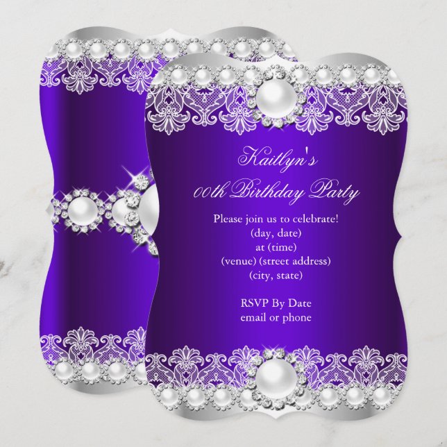 Invitación Elegante Partido de Cumpleaños Royal Purple Lace P (Anverso / Reverso)