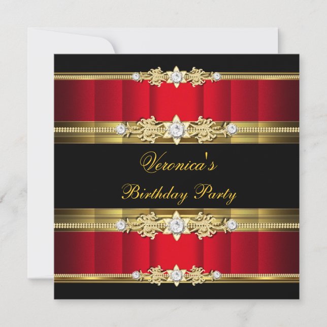 Invitación Elegante partido de cumpleaños Royal Red Gold Blac (Anverso)