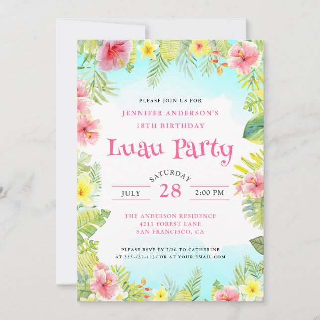 Invitación Elegante partido de cumpleaños tropical Aloha Luau (Anverso)