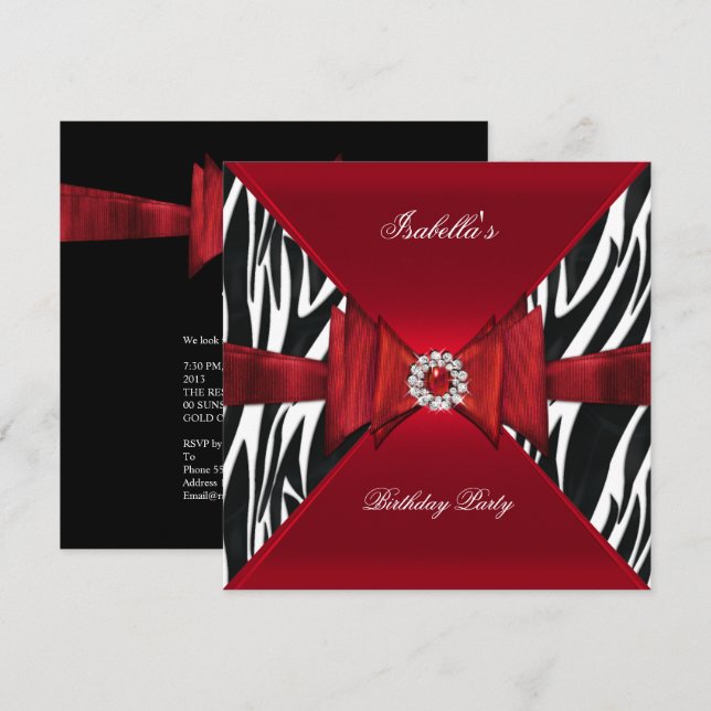 Invitación Elegante Partido de Cumpleaños Zebra Rojo Diamante (Anverso / Reverso)
