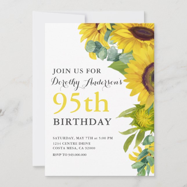 Invitación Elegante partido de girasol 95º cumpleaños BIrthda (Anverso)