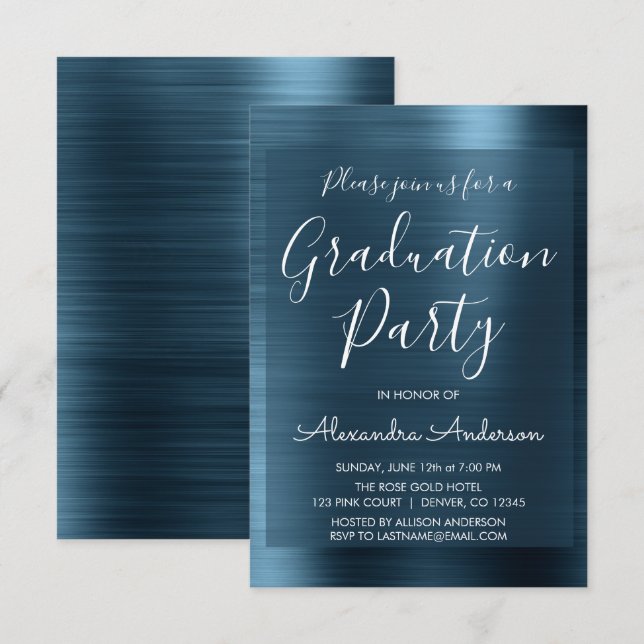 Invitación Elegante Partido de Graduación Azul de la Marina M (Anverso / Reverso)