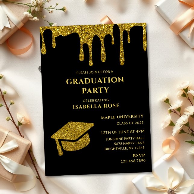 Invitación Elegante partido de graduación Black and Gold 2025 (Elegant chic black and gold class of 2025 graduation party invitations, graduation invitations cards)