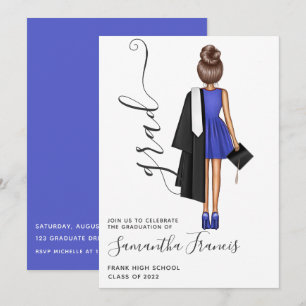 Invitación Elegante Partido de Graduación Chica Azul y Blanco