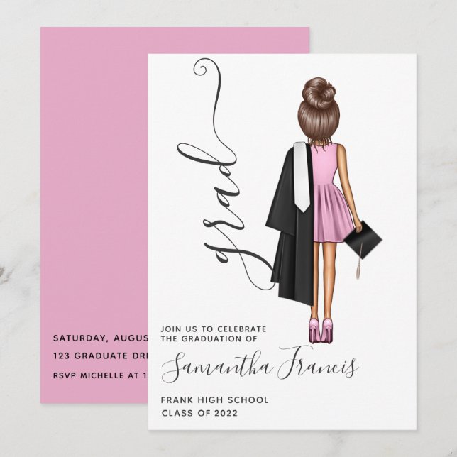 Invitación Elegante Partido de Graduación Chica Rosa y Marrón (Anverso / Reverso)