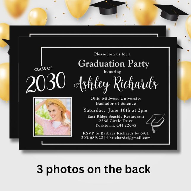 Invitación Elegante partido de graduación de 4 fotos en blanc (Subido por el creador)