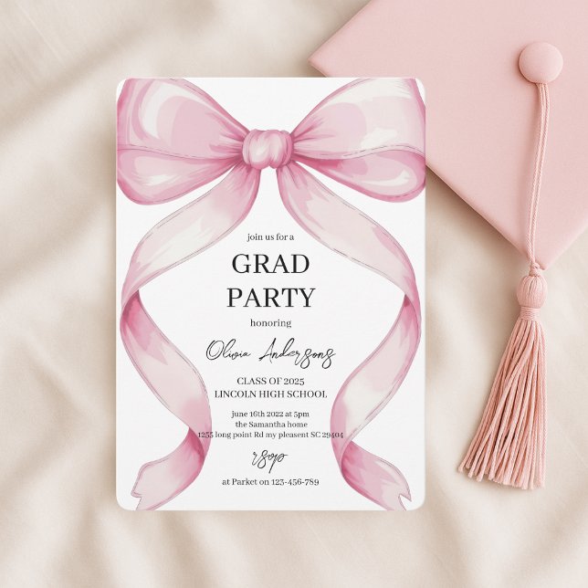 Invitación Elegante Partido de Graduación de Bow Rosa (Subido por el creador)